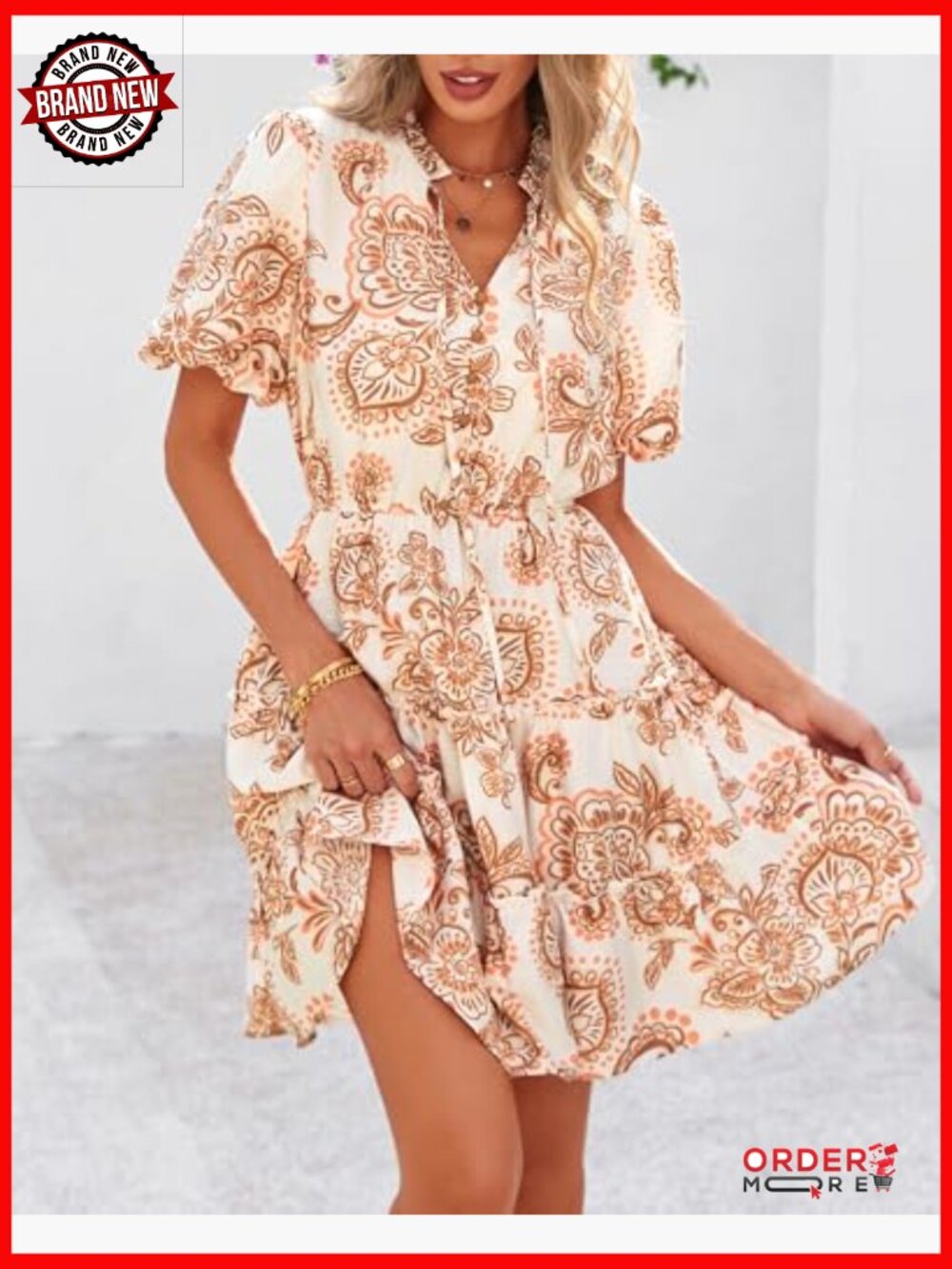 V Neck Floral Boho Mini Dress Short Sleeve Tiered Ruffle A-Line Summer - Picture 2 of 7